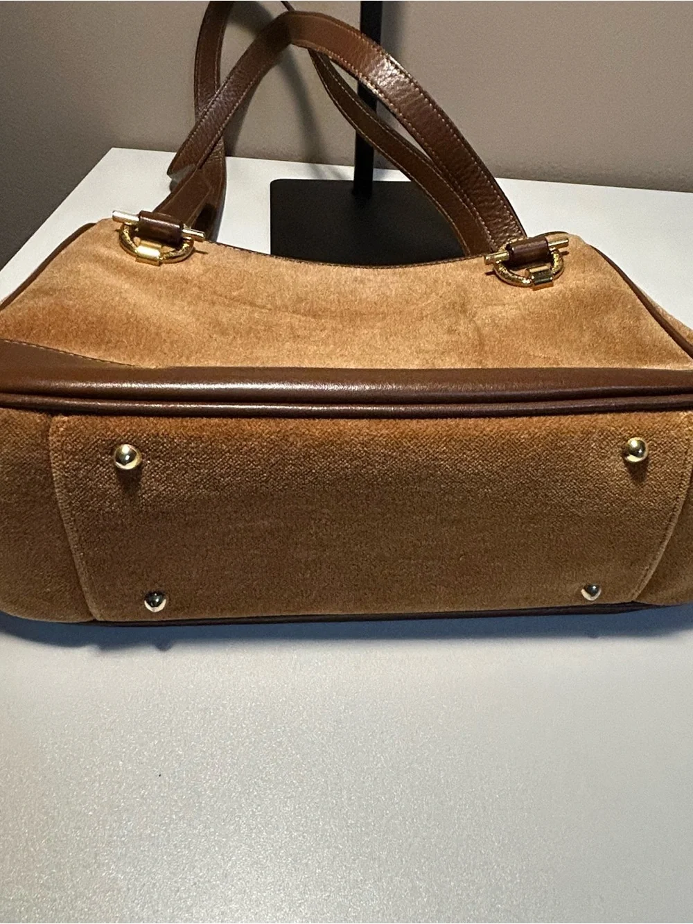 Nina Ricci Velvet Brown Tote Shoulder Bag Gold Hardware